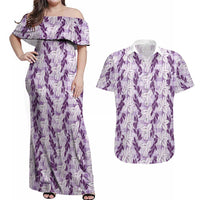 Hawaii Ti Leaf Maile Tuberose Lei Couples Matching Off Shoulder Maxi Dress and Hawaiian Shirt With Hanalei Leaf Purple