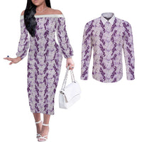 Hawaii Ti Leaf Maile Tuberose Lei Couples Matching Off The Shoulder Long Sleeve Dress and Long Sleeve Button Shirt With Hanalei Leaf Purple LT05 Purple - Polynesian Pride