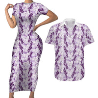 Hawaii Ti Leaf Maile Tuberose Lei Couples Matching Short Sleeve Bodycon Dress and Hawaiian Shirt With Hanalei Leaf Purple
