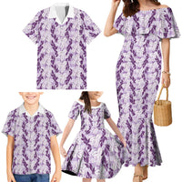 Hawaii Ti Leaf Maile Tuberose Lei Family Matching Mermaid Dress and Hawaiian Shirt With Hanalei Leaf Purple