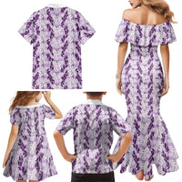Hawaii Ti Leaf Maile Tuberose Lei Family Matching Mermaid Dress and Hawaiian Shirt With Hanalei Leaf Purple