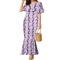 Hawaii Ti Leaf Maile Tuberose Lei Family Matching Mermaid Dress and Hawaiian Shirt With Hanalei Leaf Purple