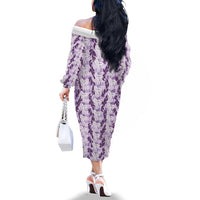Hawaii Ti Leaf Maile Tuberose Lei Family Matching Off The Shoulder Long Sleeve Dress and Hawaiian Shirt With Hanalei Leaf Purple