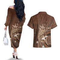 Samoa Tatau Marlin Couples Matching Off The Shoulder Long Sleeve Dress and Hawaiian Shirt With Siapo Motifs Brown LT05 - Polynesian Pride