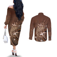 Samoa Tatau Marlin Couples Matching Off The Shoulder Long Sleeve Dress and Long Sleeve Button Shirt With Siapo Motifs Brown