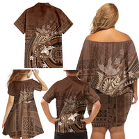 Samoa Tatau Marlin Family Matching Off Shoulder Short Dress and Hawaiian Shirt With Siapo Motifs Brown