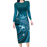 Samoa Tatau Marlin Family Matching Long Sleeve Bodycon Dress and Hawaiian Shirt With Siapo Motifs Teal
