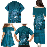 Samoa Tatau Marlin Family Matching Puletasi and Hawaiian Shirt With Siapo Motifs Teal LT05 - Polynesian Pride