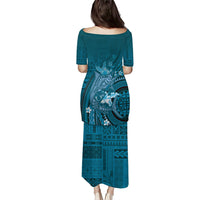Samoa Tatau Marlin Family Matching Puletasi and Hawaiian Shirt With Siapo Motifs Teal LT05 - Polynesian Pride