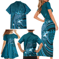 Samoa Tatau Marlin Family Matching Short Sleeve Bodycon Dress and Hawaiian Shirt With Siapo Motifs Teal