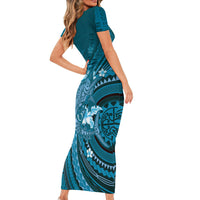 Samoa Tatau Marlin Family Matching Short Sleeve Bodycon Dress and Hawaiian Shirt With Siapo Motifs Teal