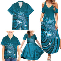 Samoa Tatau Marlin Family Matching Summer Maxi Dress and Hawaiian Shirt With Siapo Motifs Teal