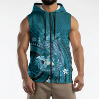 Samoa Tatau Marlin Sleeveless Zip Hoodie With Siapo Motifs Teal LT05 - Polynesian Pride
