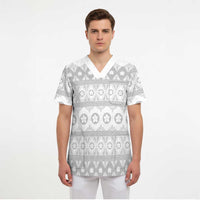 Tonga White Sunday Scrub Top Tongan Ngatu Siale Pattern LT05 - Polynesian Pride
