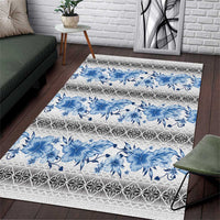 Samoa White Sunday Area Rug Samoan Tapa Blue Hibiscus - Polynesian Pride