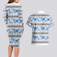 Samoa White Sunday Couples Matching Long Sleeve Bodycon Dress and Hawaiian Shirt Samoan Tapa Blue Hibiscus - Polynesian Pride