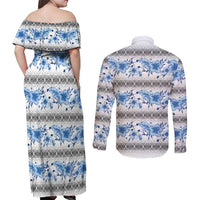 Samoa White Sunday Couples Matching Off Shoulder Maxi Dress and Long Sleeve Button Shirt Samoan Tapa Blue Hibiscus - Polynesian Pride