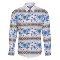 Samoa White Sunday Family Matching Off Shoulder Short Dress and Hawaiian Shirt Samoan Tapa Blue Hibiscus - Polynesian Pride