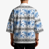 Samoa White Sunday Kimono Samoan Tapa Blue Hibiscus - Polynesian Pride