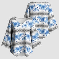 Samoa White Sunday Kimono Sleeve Blouse Samoan Tapa Blue Hibiscus - Polynesian Pride