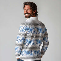 Samoa White Sunday Long Sleeve Polo Shirt Samoan Tapa Blue Hibiscus - Polynesian Pride