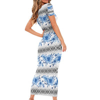 Samoa White Sunday Short Sleeve Bodycon Dress Samoan Tapa Blue Hibiscus - Polynesian Pride