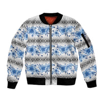 Samoa White Sunday Sleeve Zip Bomber Jacket Samoan Tapa Blue Hibiscus - Polynesian Pride