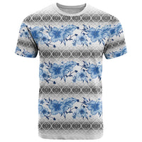 Samoa White Sunday T Shirt Samoan Tapa Blue Hibiscus - Polynesian Pride