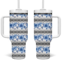 Samoa White Sunday Tumbler With Handle Samoan Tapa Blue Hibiscus - Polynesian Pride