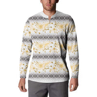 Samoa White Sunday Button Sweatshirt Samoan Tapa Yellow Hibiscus - Polynesian Pride