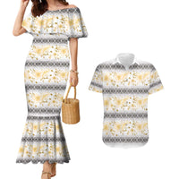 Samoa White Sunday Couples Matching Mermaid Dress and Hawaiian Shirt Samoan Tapa Yellow Hibiscus - Polynesian Pride