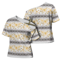 Samoa White Sunday Cross Shoulder Shirt Samoan Tapa Yellow Hibiscus LT05 - Polynesian Pride