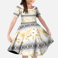 Samoa White Sunday Family Matching Off Shoulder Maxi Dress and Hawaiian Shirt Samoan Tapa Yellow Hibiscus - Polynesian Pride