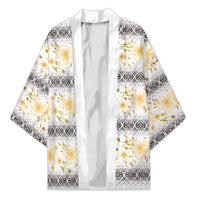 Samoa White Sunday Kimono Samoan Tapa Yellow Hibiscus - Polynesian Pride
