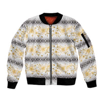 Samoa White Sunday Sleeve Zip Bomber Jacket Samoan Tapa Yellow Hibiscus - Polynesian Pride