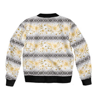 Samoa White Sunday Sleeve Zip Bomber Jacket Samoan Tapa Yellow Hibiscus - Polynesian Pride