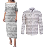 Samoa White Sunday Couples Matching Puletasi and Long Sleeve Button Shirt Samoan Tapa White Hibiscus - Polynesian Pride