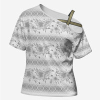 Samoa White Sunday Cross Shoulder Shirt Samoan Tapa White Hibiscus LT05 Female White - Polynesian Pride