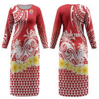Personalised Tahiti Surfing Couples Matching Long Sleeve Bodycon Dress and Hawaiian Shirt Polynesian Style
