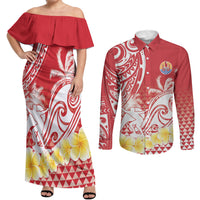 Personalised Tahiti Surfing Couples Matching Off Shoulder Maxi Dress and Long Sleeve Button Shirt Polynesian Style
