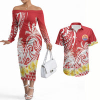 Personalised Tahiti Surfing Couples Matching Off The Shoulder Long Sleeve Dress and Hawaiian Shirt Polynesian Style