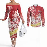 Personalised Tahiti Surfing Couples Matching Off The Shoulder Long Sleeve Dress and Long Sleeve Button Shirt Polynesian Style