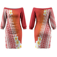 Tahiti Plumeria Tribal Pattern Couples Matching Off The Shoulder Long Sleeve Dress and Hawaiian Shirt Wave Style Red LT05 - Polynesian Pride
