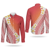 Tahiti Plumeria Tribal Pattern Couples Matching Off The Shoulder Long Sleeve Dress and Long Sleeve Button Shirt Wave Style Red LT05 - Polynesian Pride