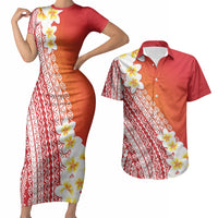Tahiti Plumeria Tribal Pattern Couples Matching Short Sleeve Bodycon Dress and Hawaiian Shirt Wave Style Red LT05 Red - Polynesian Pride