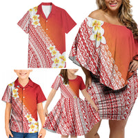 Tahiti Plumeria Tribal Pattern Family Matching Off Shoulder Short Dress and Hawaiian Shirt Wave Style Red LT05 - Polynesian Pride