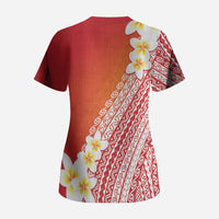 Tahiti Plumeria Tribal Pattern Scrub Top Wave Style Red LT05 - Polynesian Pride