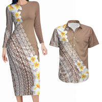 Tahiti Plumeria Tribal Pattern Couples Matching Long Sleeve Bodycon Dress and Hawaiian Shirt Wave Style Brown LT05 Brown - Polynesian Pride