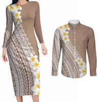 Tahiti Plumeria Tribal Pattern Couples Matching Long Sleeve Bodycon Dress and Long Sleeve Button Shirt Wave Style Brown LT05 Brown - Polynesian Pride