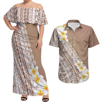 Tahiti Plumeria Tribal Pattern Couples Matching Off Shoulder Maxi Dress and Hawaiian Shirt Wave Style Brown LT05 Brown - Polynesian Pride
